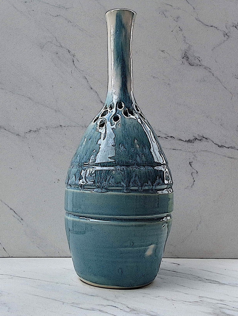 Tall Skinny Neck Large Vase of Robin's Egg Blue with Glazed White Neck with Holes for Light to Shine Out and Hole in Base for Light Bulb