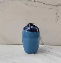 Load image into Gallery viewer, Small Vase with Robin&#39;s Egg Blue Base and Royal Blue Glazed Top with Small Opening
