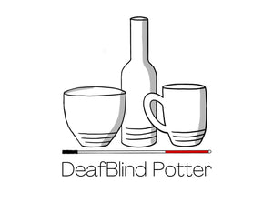 DeafBlind Potter logo. Bowl, bottle, mugs sitting on top of a blind cane.