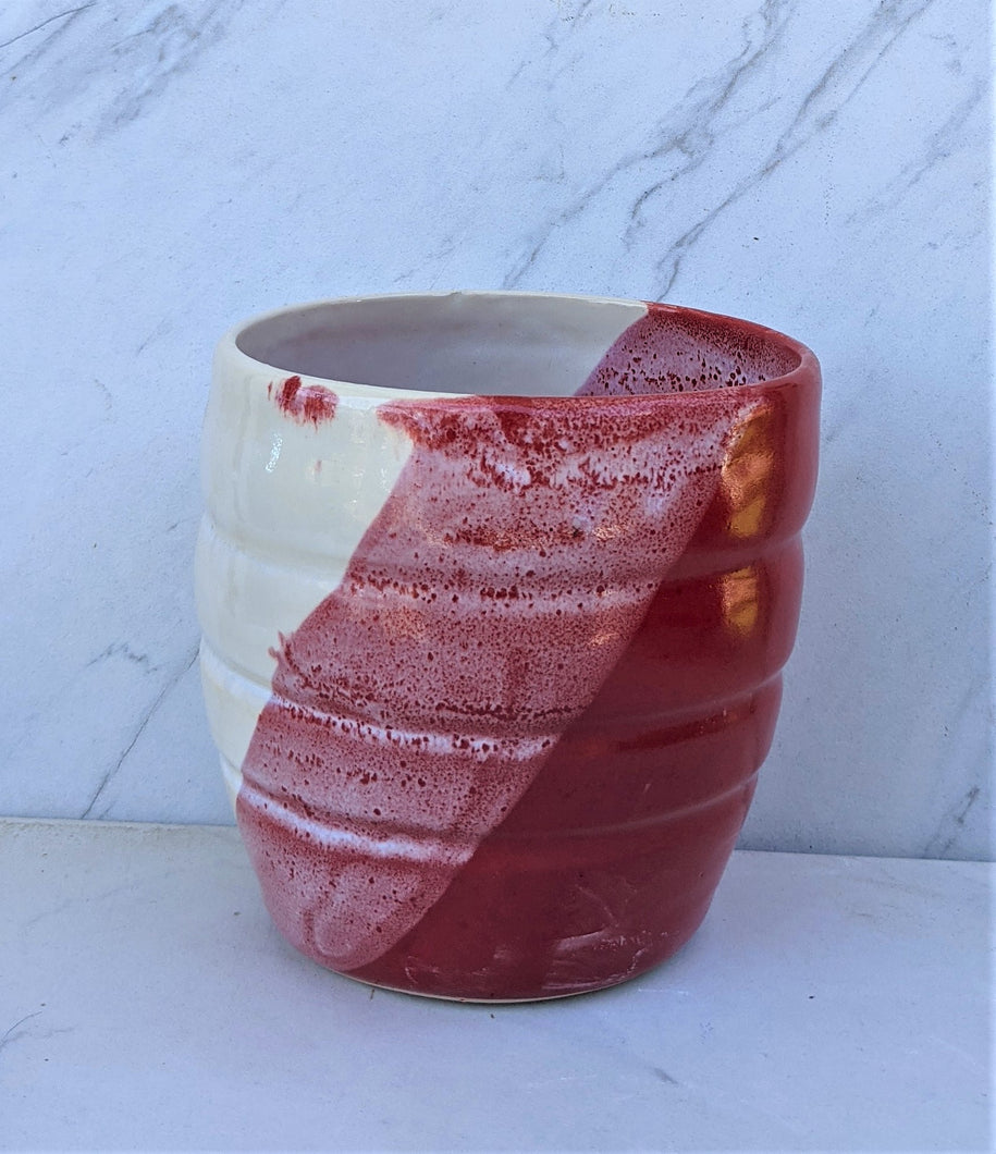 Red Medium Pot with Diagonal White Speckled Glaze
