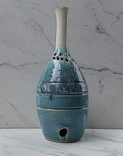 Load image into Gallery viewer, Tall Skinny Neck Large Vase of Robin&#39;s Egg Blue with Glazed White Neck with Holes for Light to Shine Out and Hole in Base for Light Bulb
