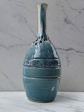 Load image into Gallery viewer, Tall Skinny Neck Large Vase of Robin&#39;s Egg Blue with Glazed White Neck with Holes for Light to Shine Out and Hole in Base for Light Bulb
