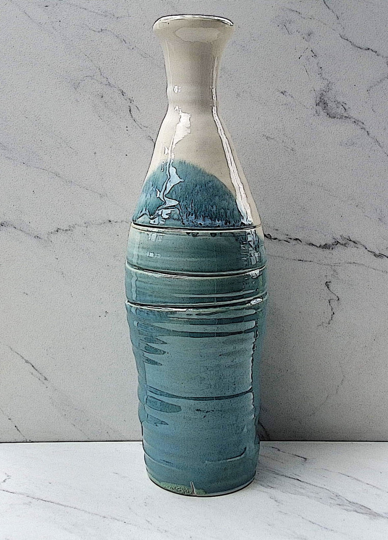 Narrow Neck Large Vase with a Robin's Egg Blue Base and Glazed White Neck