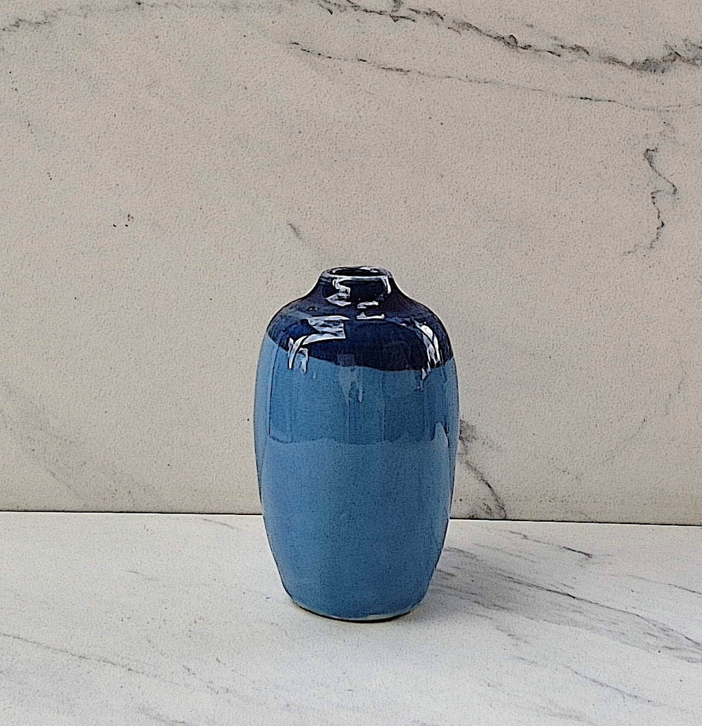 Small Vase with Robin's Egg Blue Base and Royal Blue Glazed Top with Small Opening