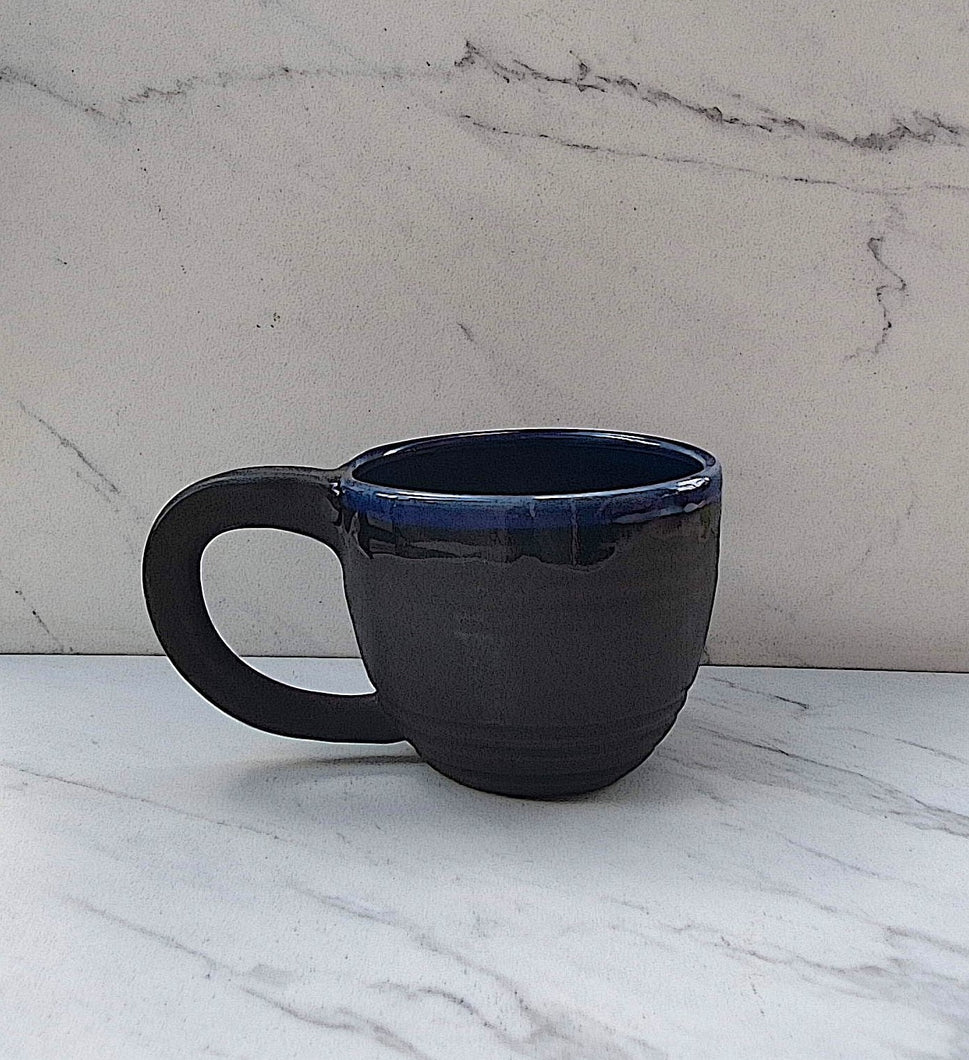 Wide Mug with Matte Black and Dark Blue Glazed Inside and Lip