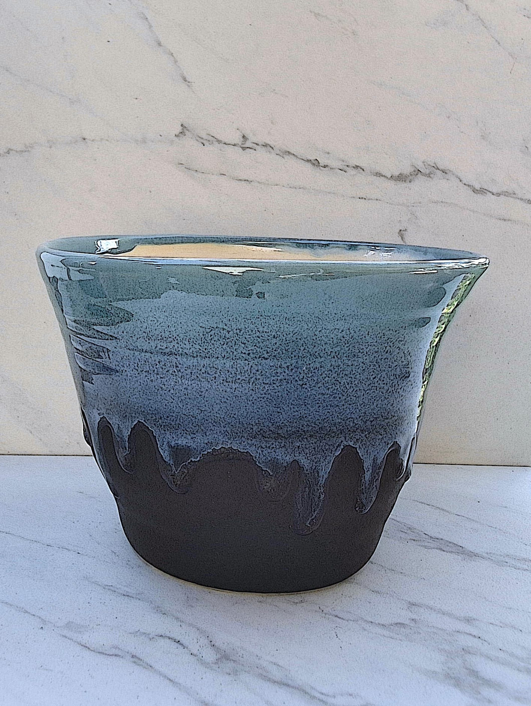 Medium Planting Pot with Matte Black Base and Robin's Egg Blue Flowing Over Lip with White Inside (has drainage hole inside on bottom)