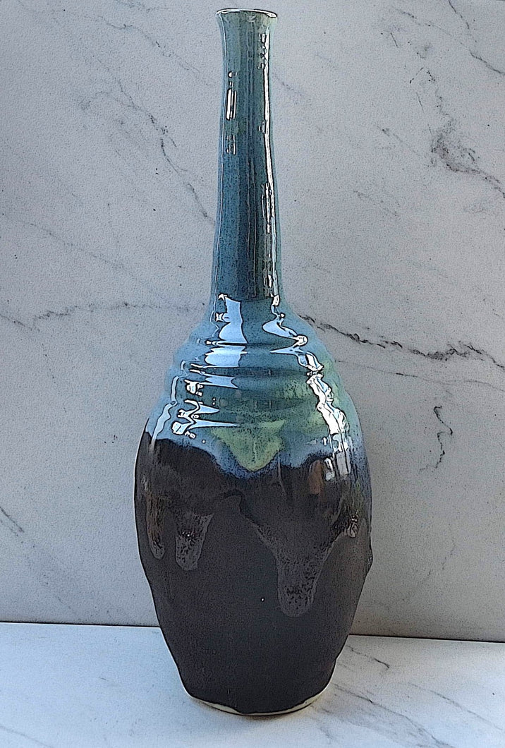 Skinny Neck Large Vase with a Matte Black Base and a Robin's Egg Blue Glazed Neck with a Hint of Lime in Middle