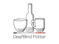 DeafBlind Potter logo. Bowl, bottle, mugs sitting on top of a blind cane.