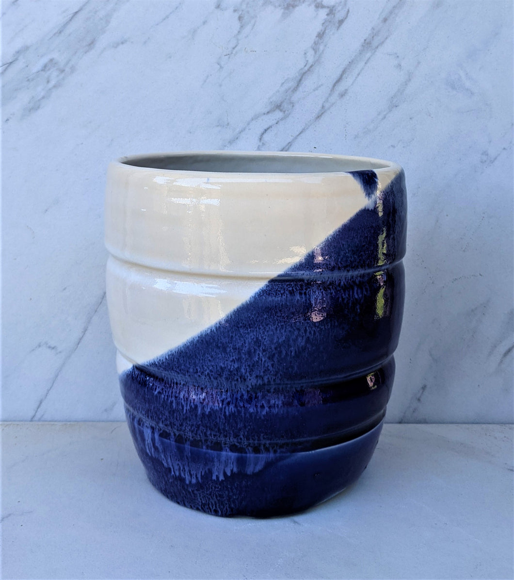 White Medium Pot with Diagonal Royal Blue Glaze