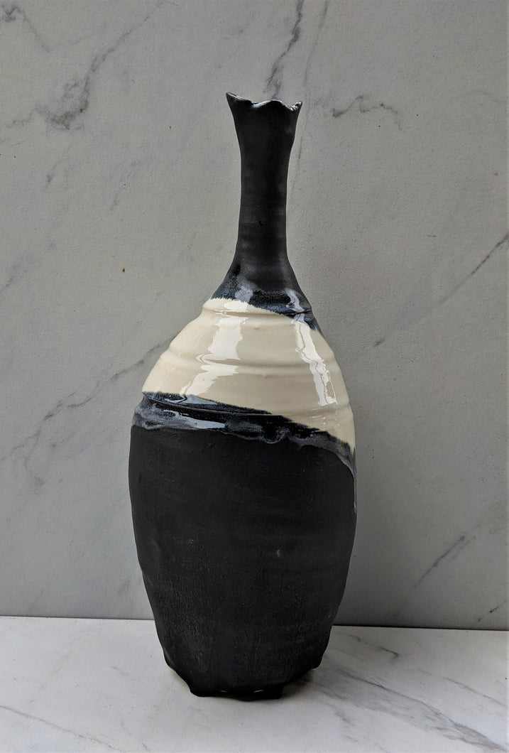 Living Beyond the Label Medium Black and White Alternating Glaze Skinny-Necked Vase